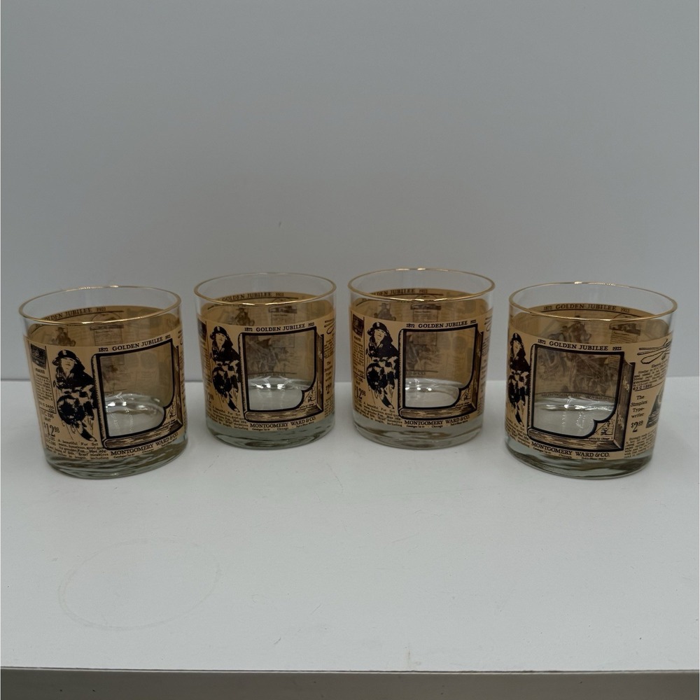 4-Vintage 1972 Montgomery Ward Golden Jubilee Whiskey Rocks Glasses Gold Rim
